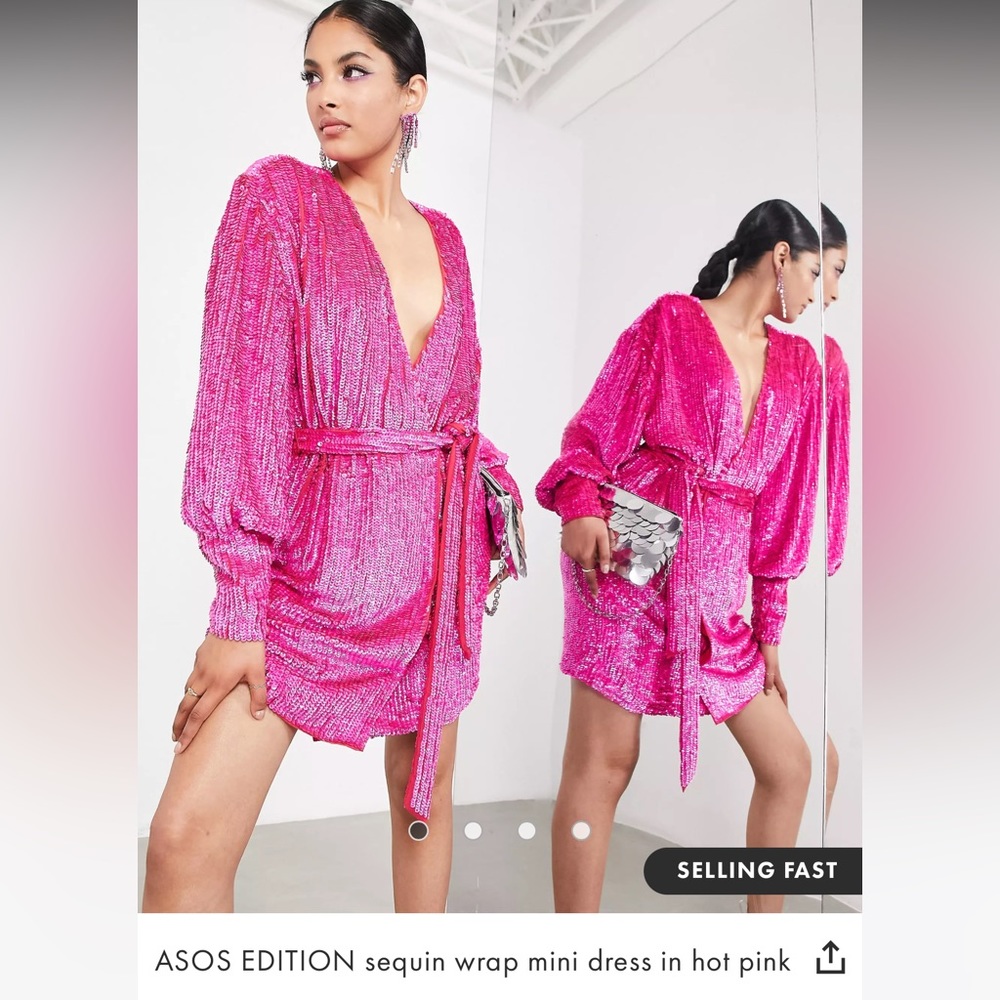 NEVER WORN ASOS HOT PINK SEQUIN WRAP MINI DRESS SIZE 12